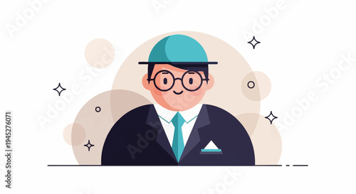 Stylized cartoon man in a hat, suit, and tie, with abstract circles and stars
