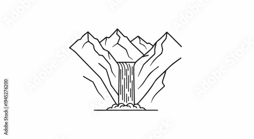 Stylized line art of a waterfall cascading down rocky mountains into foam