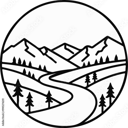 Stylized mountain range with a winding river and trees within a circle