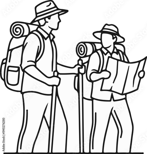 Two hikers with backpacks and trekking poles consulting a map