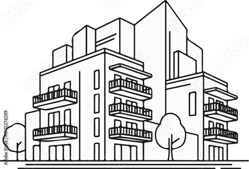 Stylized line drawing of an apartment building with balconies and trees
