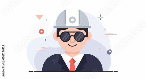 Stylized character in hard hat and sunglasses, business attire