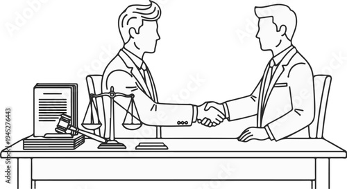 Two men in suits shake hands across a desk with legal symbols
