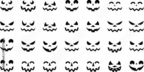 Collection of diverse black jack o lantern faces on a white background