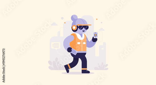 Stylized character in orange vest and headphones walks with phone
