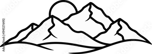 Stylized black and white outline of sun rising over jagged mountain peaks