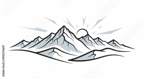 Stylized mountainous terrain under a sunburst, with sharp peaks and rolling foothills