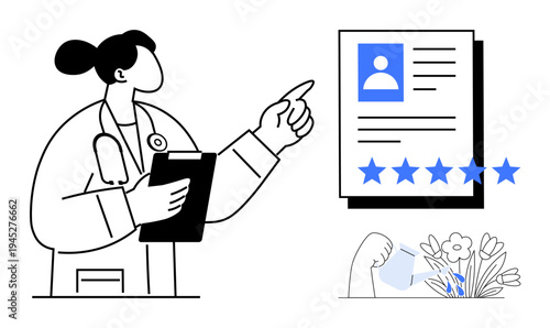 Medical staff analyzing profile with star ratings for performance evaluation. Includes clipboard, patient record, and wellness imagery. Ideal for healthcare, rating systems, wellness, patient care