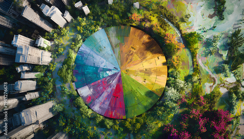 An image created by AI depicts a pie chart with a city and lush greenery representing environmental sustainability, climate change, and global warming.