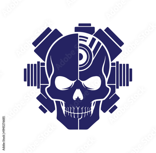 Cybernetic skull with dumbbells symbolizing strength and technology fusion  a unique graphic design