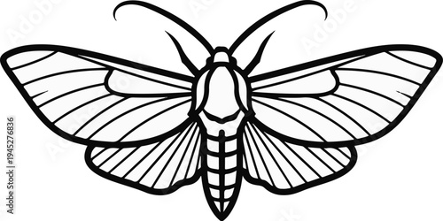 Stylized outline drawing of a moth with prominent antennae and wing veins
