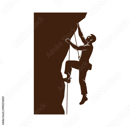 man climbing a rock face with rope and harness in a side profile view