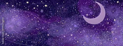 A serene and dreamy cosmic nebula with a gentle crescent moon gracing the night sky, bathed in rich purple hues and sparkling stardust