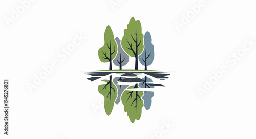 Stylized trees with reflections on water, rendered in muted colors