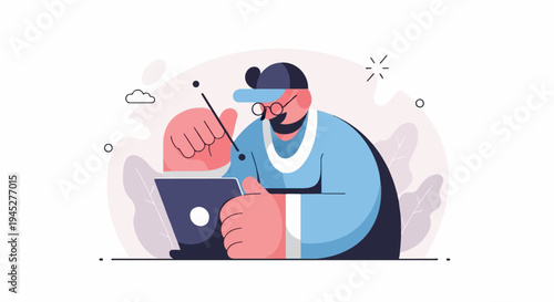 Person with glasses and cap on laptop with stylus