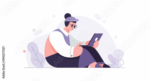 Person with glasses and bun hairstyle using laptop, seated among plants