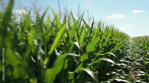 Vibrant green cornfield thrives sunny blue sky. Healthy corn growth, expansive maize crop promises plentiful agriculture. Lush plants yield abundant