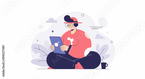 Stylized person with tablet and coffee, seated with plants and clouds
