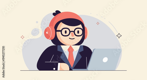 Person with headphones and glasses at a laptop, wearing a suit and tie