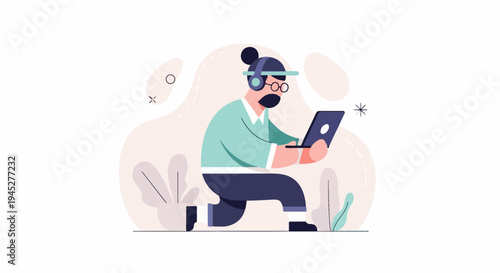 Person with headphones and glasses on laptop, abstract background