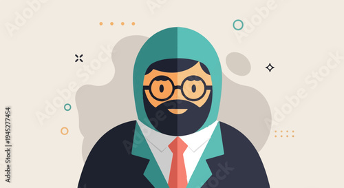 Stylized portrait of a bearded man in a suit, wearing glasses and a head covering