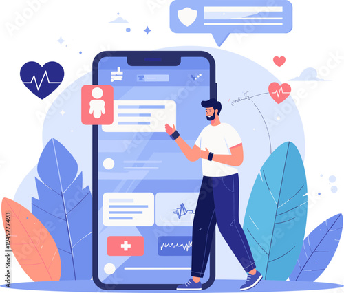 Digital Health Monitoring with Wearable Device and Mobile App, Smart Healthcare Tracking Illustration