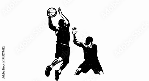 Two stylized basketball players in action, one shooting, one defending