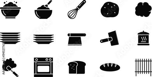 Creative baking silhouette icons, cooking utensil vector graphics, bread and oven symbols, kitchen tool illustrations, culinary design elements, flat vector illustration