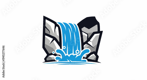 Stylized waterfall cascading over rough grey rocks into splashing blue water