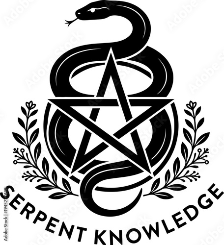 Snake wrapped around pentagram with laurel wreath silhouette