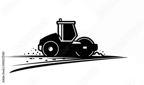 Stylized black and white illustration of a road roller compacting the ground