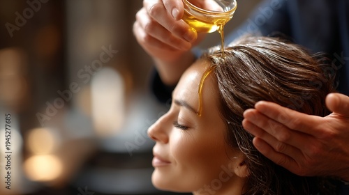 Relaxing oil massage treatment for healthy hair and scalp nurturing brightening the senses and promoting wellness and beauty in a tranquil environment. Generative AI