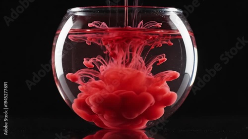 Vibrant red ink liquid dynamically swirls within glass bowl, an abstract captivating movement. Drops create striking visual contrast, pure dissolving