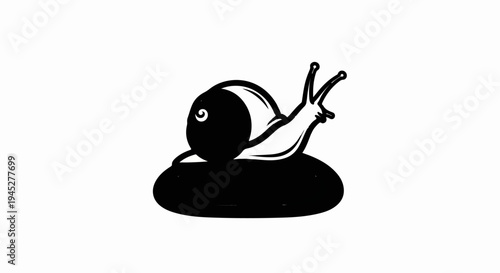 Stylized black and white illustration of a snail on a dark blob