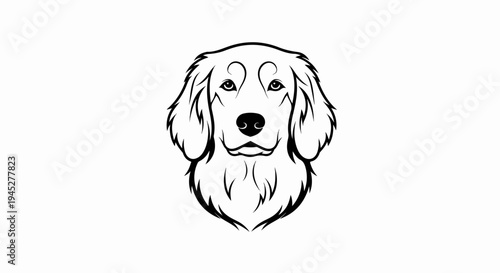 Stylized black and white line art portrait of a dog's head with expressive eyes