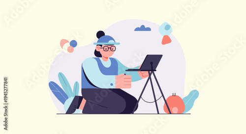 Person working on a laptop on a tripod with abstract shapes and plants