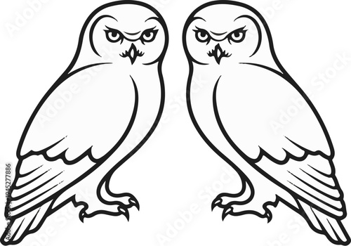 Two stylized owls face forward with an intense stare and sharp talons