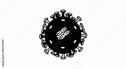 Stylized black and white illustration of a virus particle