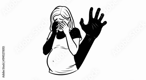 Pregnant woman crying with a looming shadow hand
