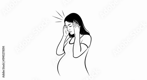 Pregnant woman holding temples, experiencing headache, in black and white