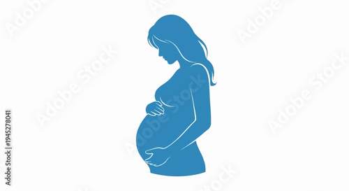 Pregnant woman silhouette, blue profile view, white background