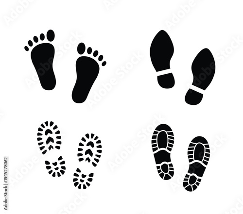 Footprint Silhouette Set Human Barefoot and Shoe Sole Print