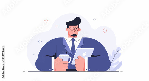 Professional man in suit holding tablet and coffee cup