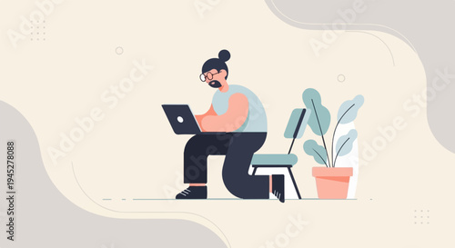 Person wearing glasses and beard sitting on chair and using laptop near plant