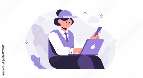 Person wearing cap using laptop and smartphone, with stylized plants and clouds