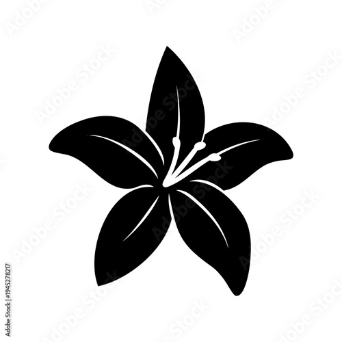 Stylized black silhouette of a lily blossom with white stigma and anther