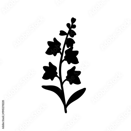 Botanical silhouette of a flowering plant with leaves, blooms and buds