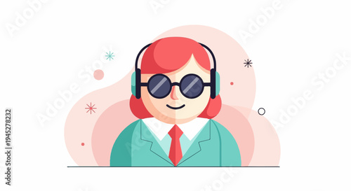 Stylized portrait of a person with red hair, glasses, and headphones