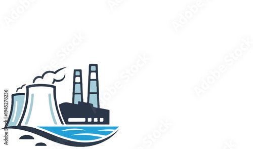 Stylized power plant with cooling towers emitting steam, beside tall smokestacks