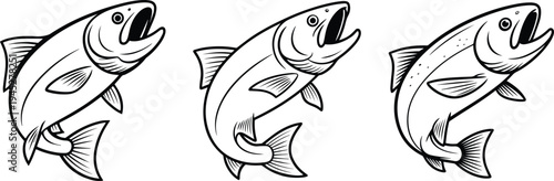 Set of Jumping salmon fish line art vector icon